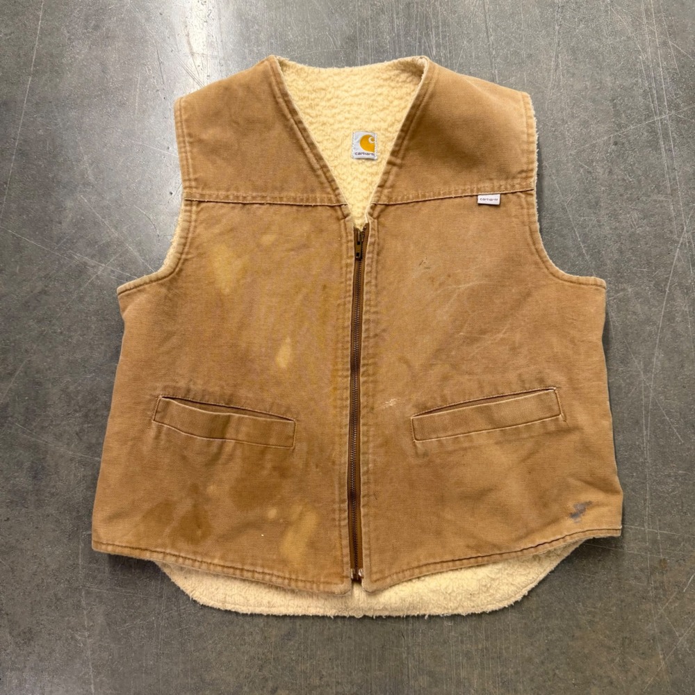 Vintage 80s Carhartt Sherpa Lined Canvas Vest Mens Medium Tan Workwear